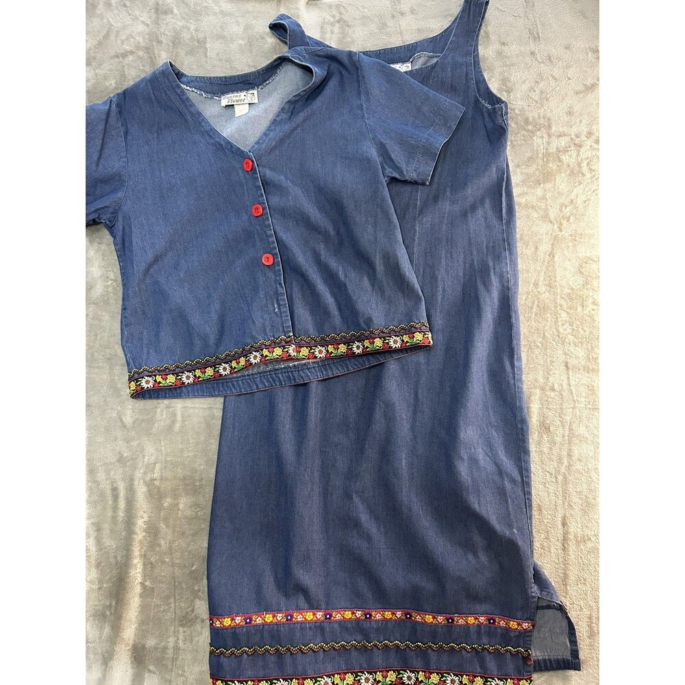 Denim Floral  Maxi Dress m 90s Jean Shirt Set Vintage MPH Embroidered flowers